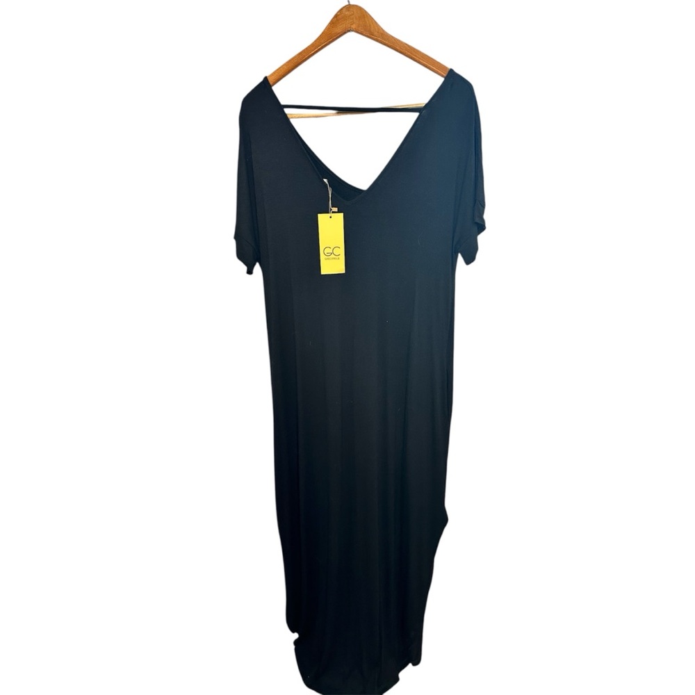 Black V-Neck Maxi Dress Stretchy Long Pockets XL New